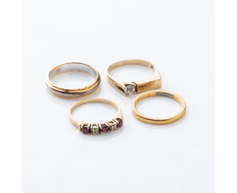 A COLLECTION OF GOLD RINGS   Two bands, one gentleman's mini signet ring and one ruby and diamond eternity ring, in 9ct and 1