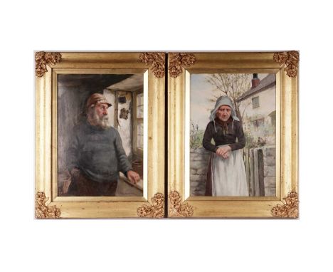 David William Haddon RBA(fl.1884-1914)Portrait pair depicting a fisherman and his wife,signed,oil on board,each 33.5 x 24cms,