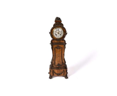 An ornate French Louis style walnut inlaid longcase mantel clock, c1900, the white enamel roman dial with arabic outer numera