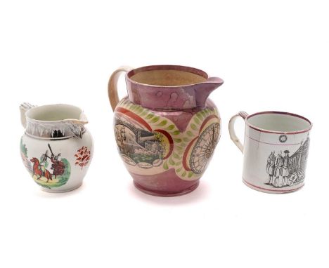 A Sunderland splash lustre jug, probably Maling, with a print of the iron bridge Sunderland, a compass, and a verse 'Tell me 