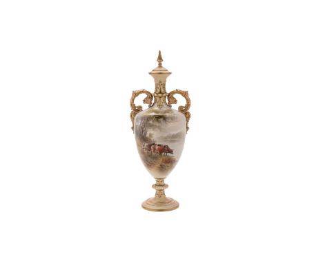 A Royal Worcester vase and cover of shield shape with double scroll moulded handles, painted with cattle in a river landscape