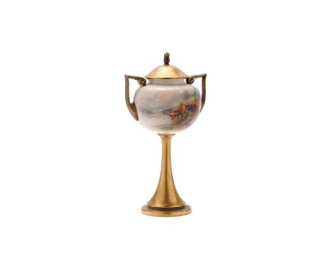 A Royal Worcester vase and cover of globular form on tall stem, painted by John Stinton with highland cattle on a lochside, s