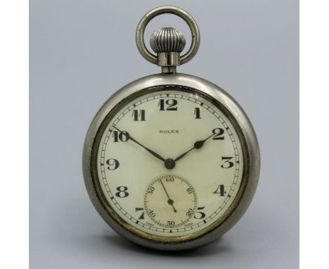 A Rolex military issue pocket watch featuring crows foot and "B8153" to the reverse of the case. The dial is white enamel, fe