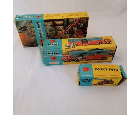 Three boxed Corgi Models including 1127 Simon Snorkel Fire Engine, 1130 Circus Horse Transporter and 57 Massey Ferguson Tract