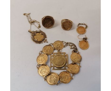 A collection of St George medallion jewellery. Comprising hallmarked 9ct pieces - two rings, on a size R, the other a size P,