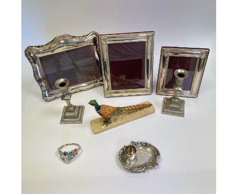 ***AWAY***A mixed lot of silver and plated items to include a pique a jour enamel ruby set silver bangle. 800 silver candlest