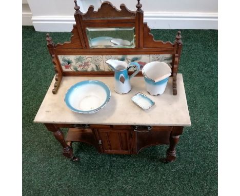 Miniature possibly apprentice piece model of a 19th century washstand.Bevelled mirror atop a tiled backsplash.marble top.Two 
