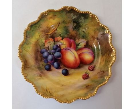 A Royal Worcester hand painted with fruit plate. Signatures include H Price (Horace Price). Puce mark. Approximately 22 cm.In