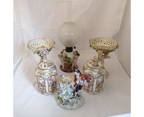 A collection of early 20th Century and later ceramics to include a pair of figural comports, pair of lidded jars, a figural g
