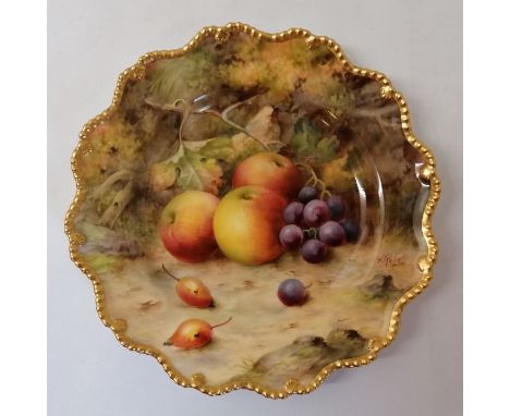 A Royal Worcester hand painted with fruit plate. Signatures include F Roberts (Frank Roberts). Puce mark. Approximately 22 cm