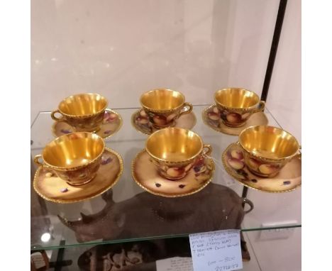 A set of six Royal Worcester hand painted fruit cups & saucers. Signatures include T Nutt (Terry Nutt) and J Skerrett (James 