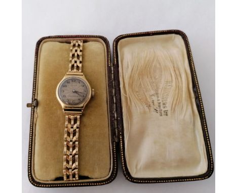 A 9ct gold Rolex Chambers ladies Art Deco wristwatch on a later gold bracelet. Untested but watch winds and appears to run. W