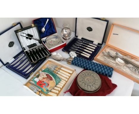 A selection of silver plated cutlery in cases &amp; loose plus a compass