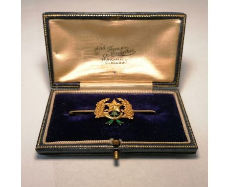 A Cameronian Scottish Rifles bar brooch, in a fitted Aird, Thomson & Mackellar, of 133 Buchanan Street, Glasgow box. Stamped 
