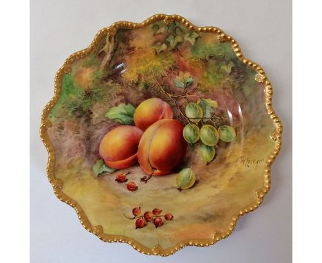 A Royal Worcester hand painted with fruit plate. Signatures include T Lockyer. Puce mark. Approximately 22 cm.In good conditi
