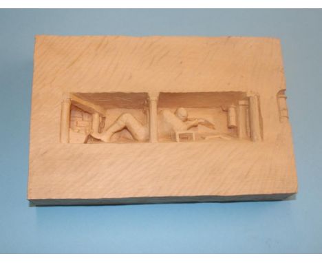 Tom McGuiness, Maquette 'Pitman Mining with a pick axe', 27 x 18 x 5cm, pine in Perspex case. Originally purchased by the ven