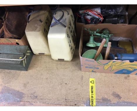 Three boxes assorted tools and two sewing machines