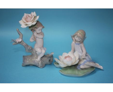 Two Lladro figures 'Somewhere in the Garden' and 'Lily Pad Love', with boxes