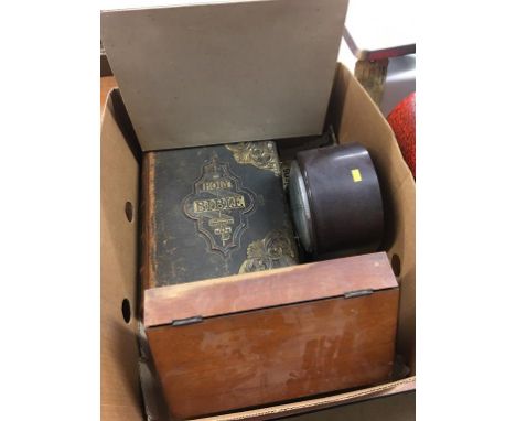Bakelite mantle clock, brass bound bible etc.