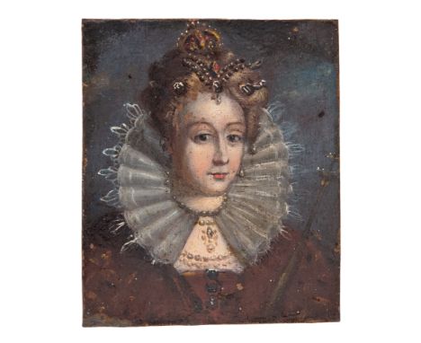 A portrait miniature of H.M Queen Elizabeth I, bust length wearing a jewelled headdress and lace ruff, oil on copper, 8cm by 