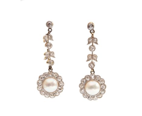 A pair of Victorian garland style pearl and diamond cluster drop earrings, the central round half pearls approx 6mm diameter 