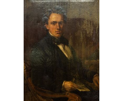 English School, mid 19th Century, portrait of a young man, half length seated, holding a letter, oil on canvas, 92 by 71cm, f
