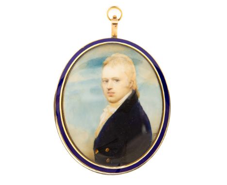 A Regency oval portrait miniature of a young gentleman on ivory, circa 1820, half length wearing a blue tunic, initial M l.r.