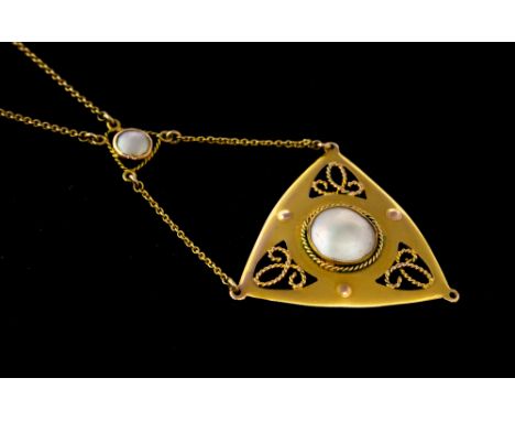 Charles Horner, an Arts & Crafts Charles Horner 9ct gold pendant on chain, Chester 1908, the triangular pendant with mother o