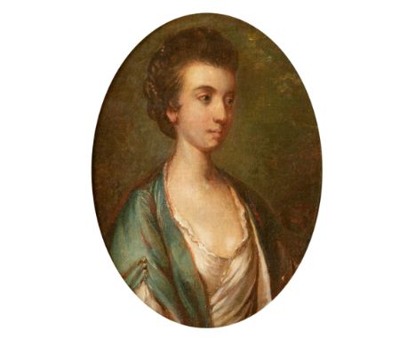 Circle of Thomas Hickey, portrait of a young lady, half length in a blue wrap and white dress, oil on canvas, oval, 26 by 19c