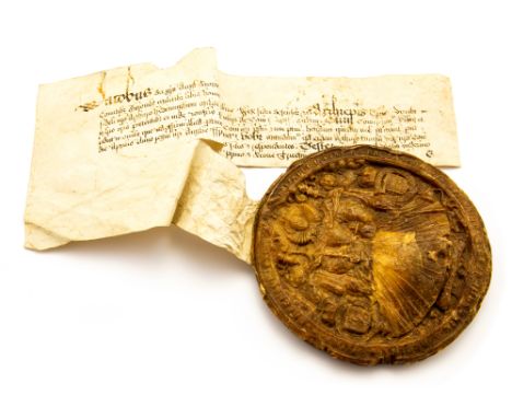 Elizabethan wax seal designed by Nicholas Hilliard, embossed on both sides, depicting Queen Elizabeth I (the monarch enthrone