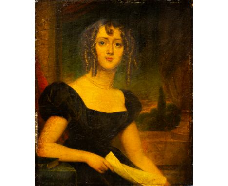H...Bone (British, early 19th Century), portrait of a young lady, half length, seated, with ringlets in her hair and holding 