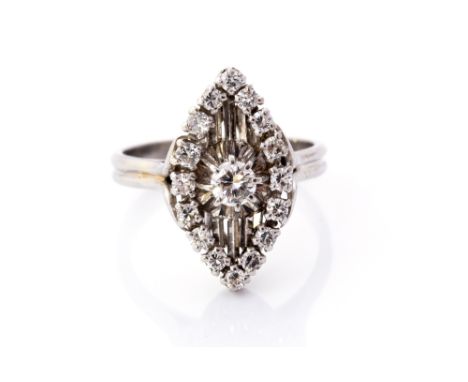 A French white gold and diamond navette ring, centered with a round brilliant-cut diamond approx 0.20ct, surrounded by sixtee