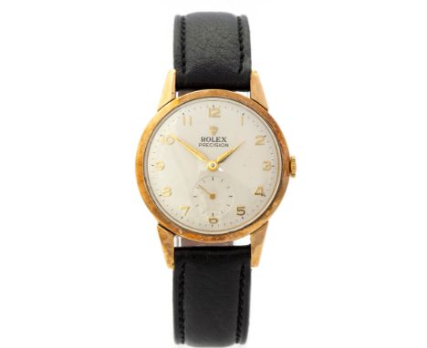 Rolex, a circa 1950's gent's 9ct gold Rolex Precision wristwatch, 3cm circular white dial, dagger hands, subsidiary seconds d