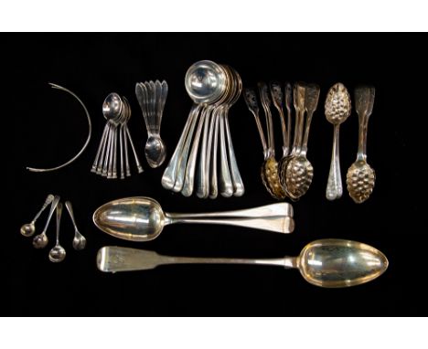 A collection of silver flatware including:10 various fiddle pattern berry teaspoons,each handle engraved with flowers  1 x Du