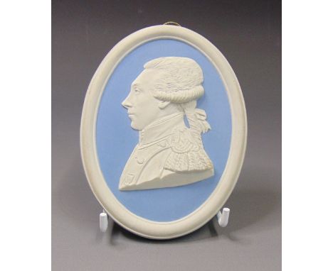 A Wedgwood oval blue and white jasper portrait plaque of the Marquis de La Fayette, mid 20th Century, MARKED WEDGWOOD, 11cm b