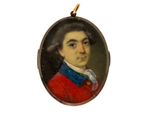 A George III oval portrait miniature pendant, circa 1790, a gentleman, bust length, wearing a red tunic with a blue collar an