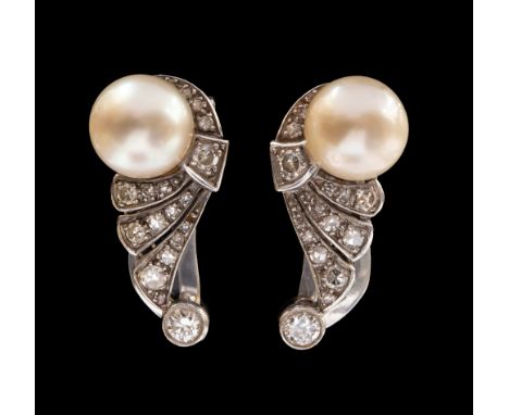 A pair of Art Deco diamond and pearl set earrings/clips, grain set diamonds to feather top with round cultured pearls approx.