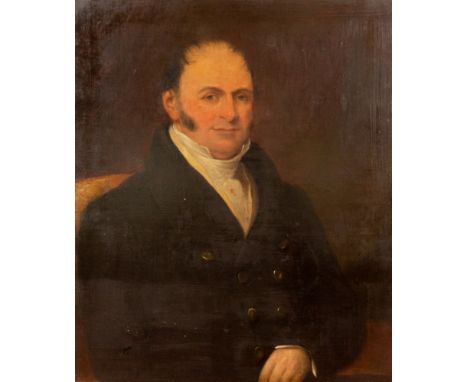 English School, circa 1820, portrait of a gentleman, half length, seated wearing a dark coat and a white stock, oil on canvas