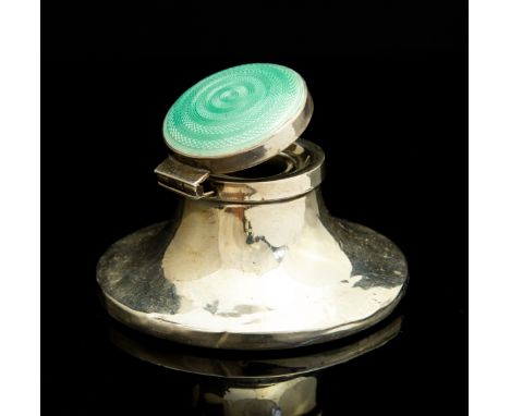 A George V silver capstan inkwell, with pale green guilloche enamel cover, Marson &amp; Jones, Birmingham 1922 (af)CONDITION:
