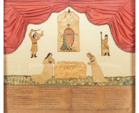 A George III textile sampler, depicting Soloman's Judgment between two Harlots, First book of Kings Chapter 3, Verse 56, inco