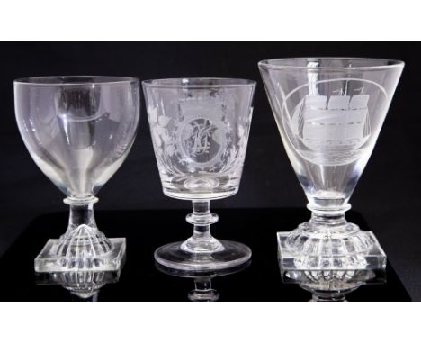 A George III period pedestal rummer, with lemon squeezer moulded base, an etched 19th Century rummer and a reproduction rumme