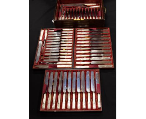 A William IV rosewood cased knife set comprising: 24 table knives and 24 cheese knivees, all stamped WR with mother-of-pearl 