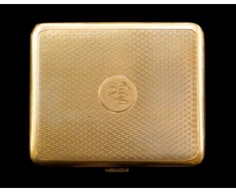 A 9ct gold engine turned cigarette case, measuring approx 7cm x 9cm, monogramed intials to outer cartouche, weight approx  84