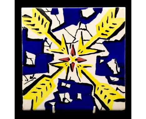 Salvador Dali (Spanish, 1904-1989), a ceramic tile with a stylized arrow design in blue and yellow, signed, printed marks to 