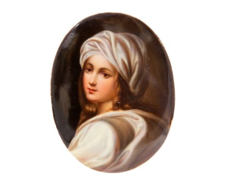 A 19th Century KPM style oval porcelain plaque, painted with a portrait of Beatrice Cenci after Guido Reni, 10cm by 7.5cmCond