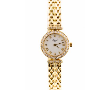 Chopard, a lady's 18ct gold Chopard bracelet watch, 2cm circular white dial with a diamond set bezel and shoulders, Roman num