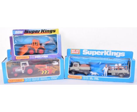 Three Boxed Matchbox Superkings Farm Vehicles,K25 Muir Hill 161 Digger &amp; Plough, K32 Farm Unimog set and K87 Massey Fergu