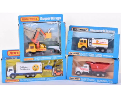 Four Boxed Matchbox Superkings Commercial Vehicles, K40 Ford Delivery Truck &amp; fork lift (German issue) K93 Unimog lamp ma