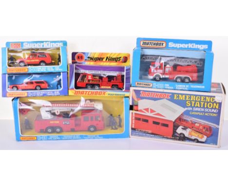 Five Boxed Matchbox Superkings Fire Vehicles,K9 Denver Fire Tender,K39 Simon Snorkel ERF Fire engine, K64 Ranger Rover Fire C