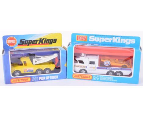 Two Boxed Matchbox Superkings, Scarce K7 Martini Racing Car Transporter, white body, with Hi Tailer racing car and K11 Pick U